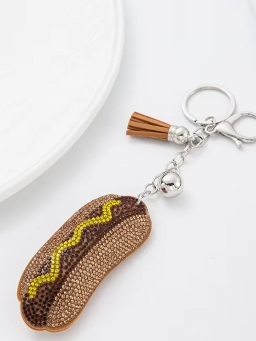 Crystal-Encrusted Hot Dog Keychain - Brown & Yellow